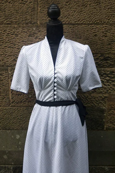 1950s vintage retro white and navy polkadot dress