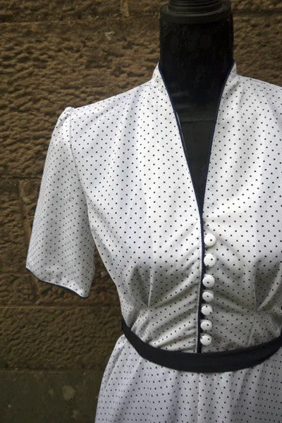 1950s vintage retro white and navy polkadot dress