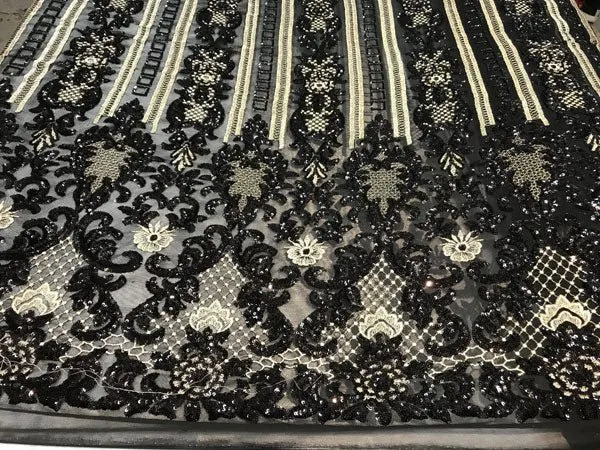 Luxury Black Sequin Embroidered 4-Way Stretch Fabric for Elegant Wedding and Prom Dresses, Fashion Decorations, and Special Occasions