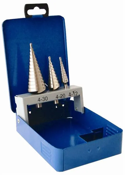 STEP DRILL SET 3 PCE HSS IN STEEL CASE