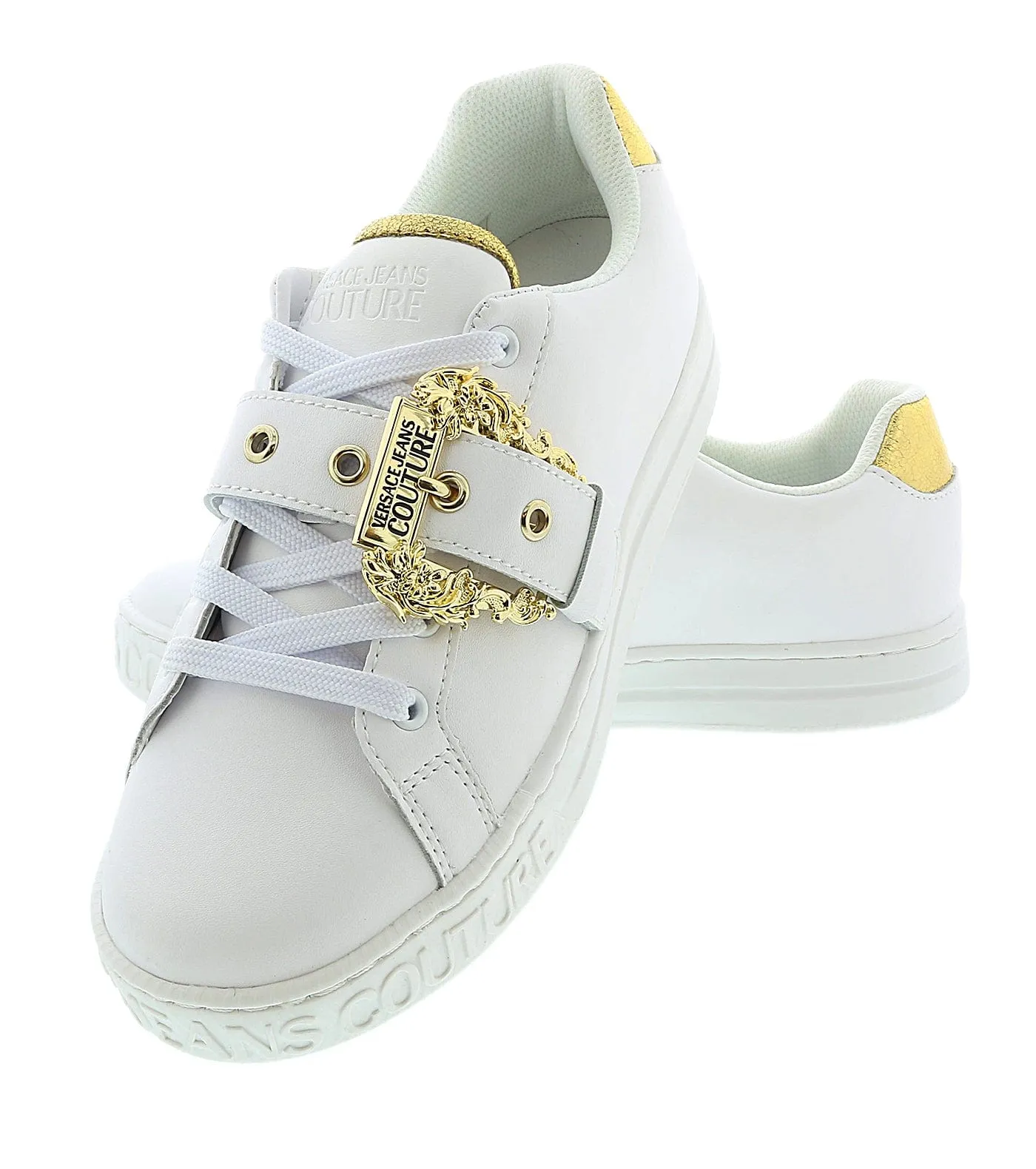 Versace Jeans Couture White Baroque Buckle Fashion Lace Up Sneakers-