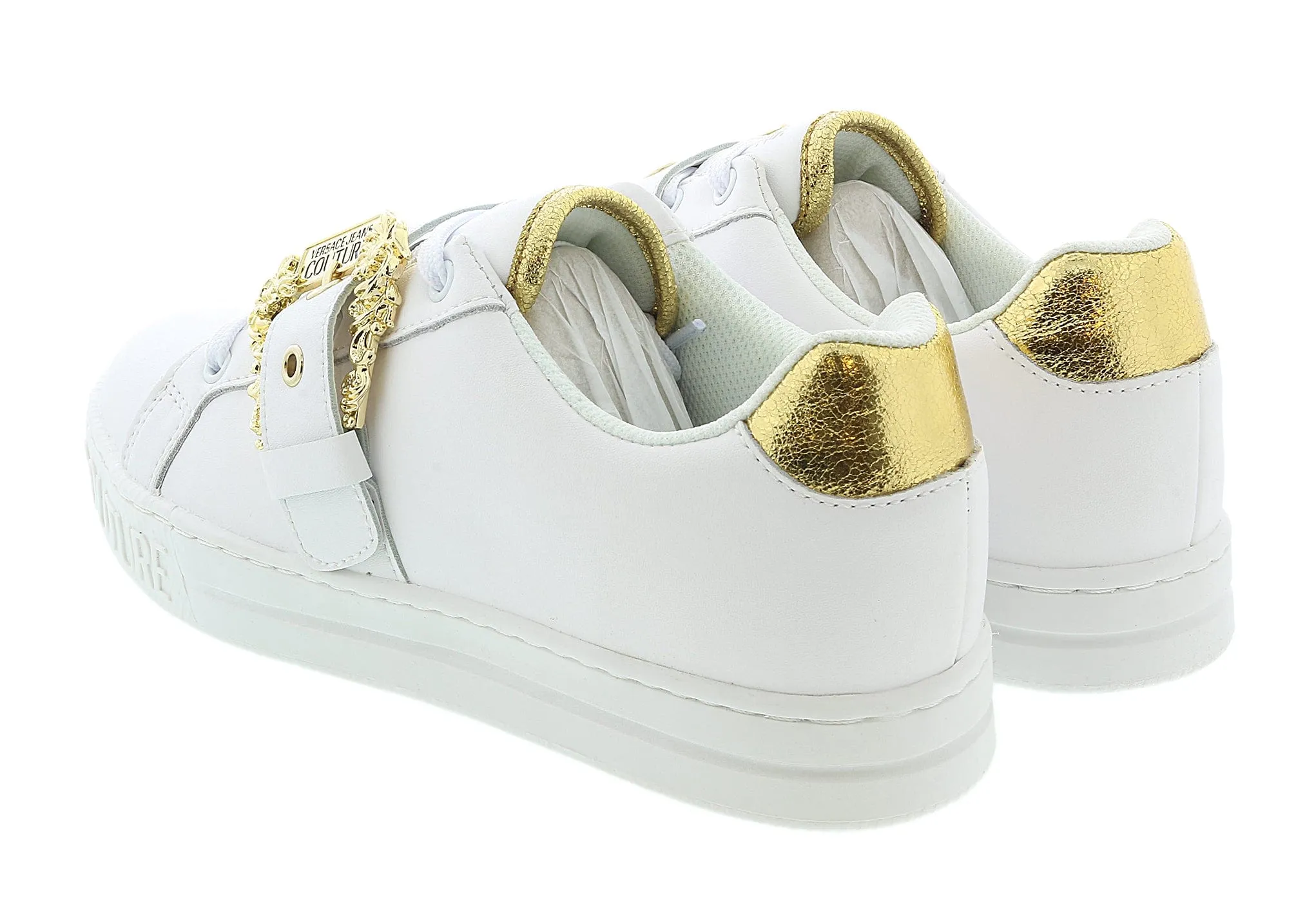 Versace Jeans Couture White Baroque Buckle Fashion Lace Up Sneakers-